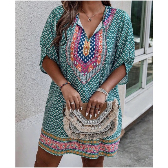 Plus Tribal Print Neck tie Mini Dress - Picture 1 of 10